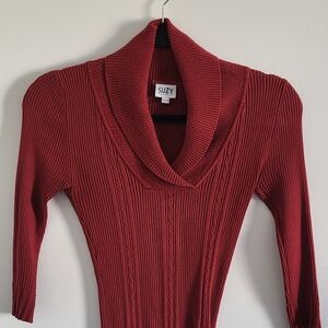 Suzy Shier Ribbed Cowl Neck Sweater Dress in Brick Red